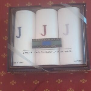 Alexander Julian White Cotton Handkerchiefs with Embroidered Initials